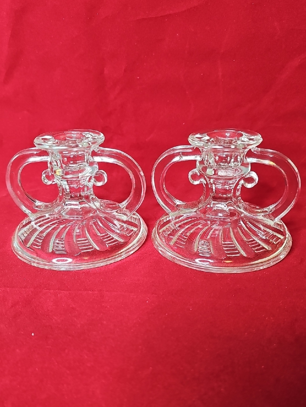 Vintage LE Smith Clear Glass Double-Handled Chamberstick Pair